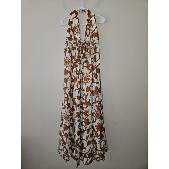 Bobbles and Lace Women’s Maxi Dress Large Sleeveless Halter Brown White Floral - Picture 1 of 12